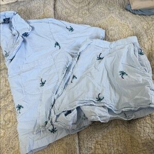 Tommy Bahama Light Blue & White Striped Pajama Set with Green Palm Embroidery